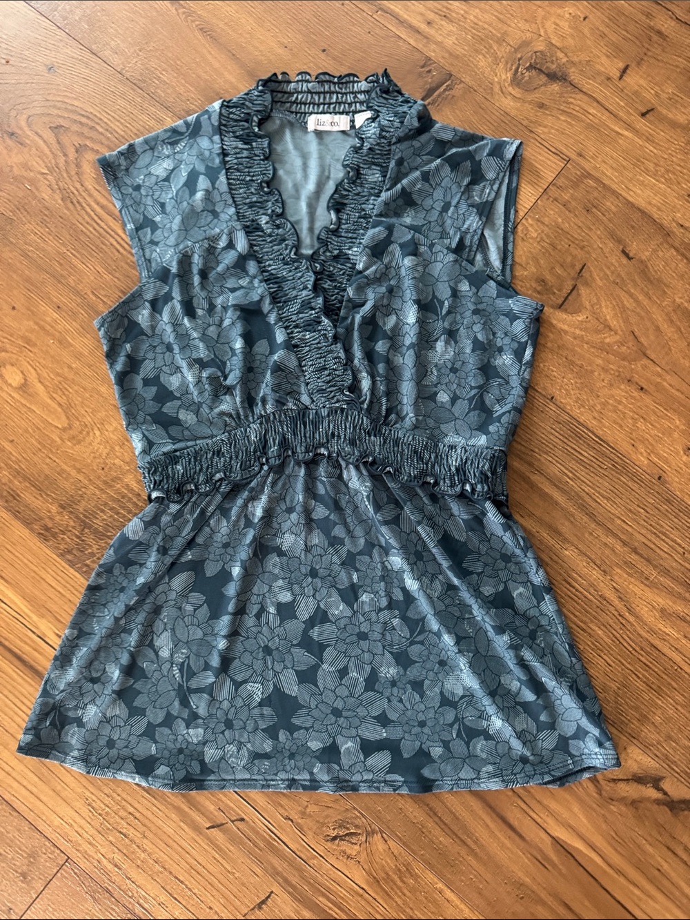 Liz Claiborne Slate Floral Ruffle V-Neck Smocked Waist Blouse